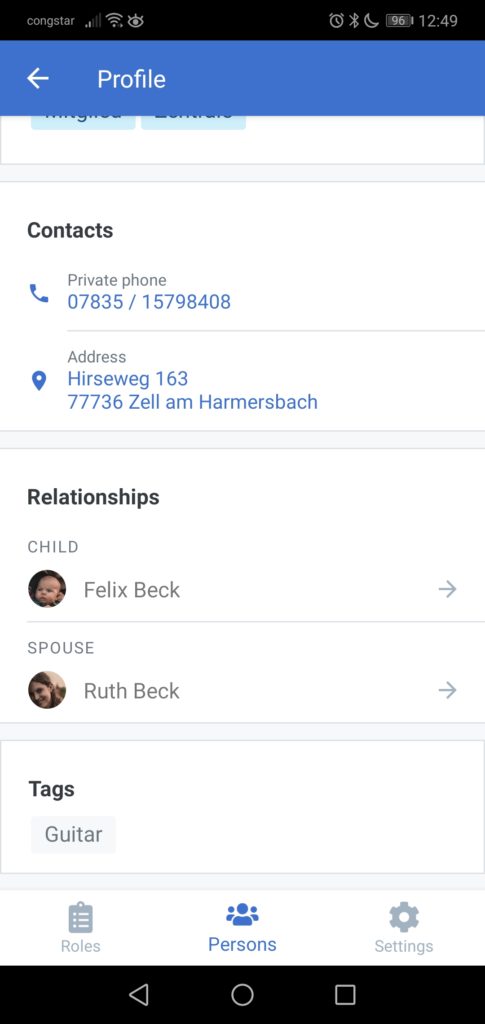 Screenshot of a profile in the app with relationships and tags.