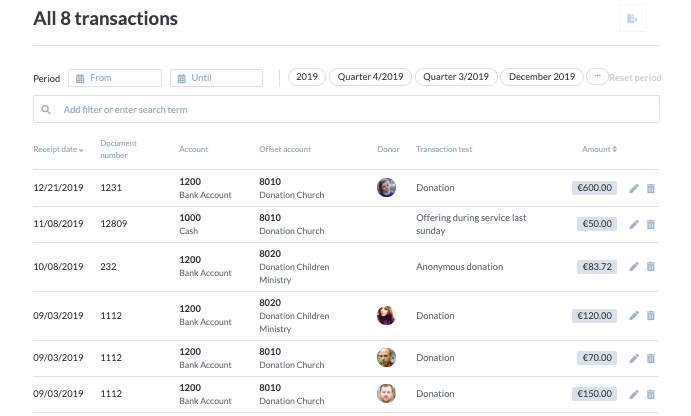 Screenshot of transaction journal with donors