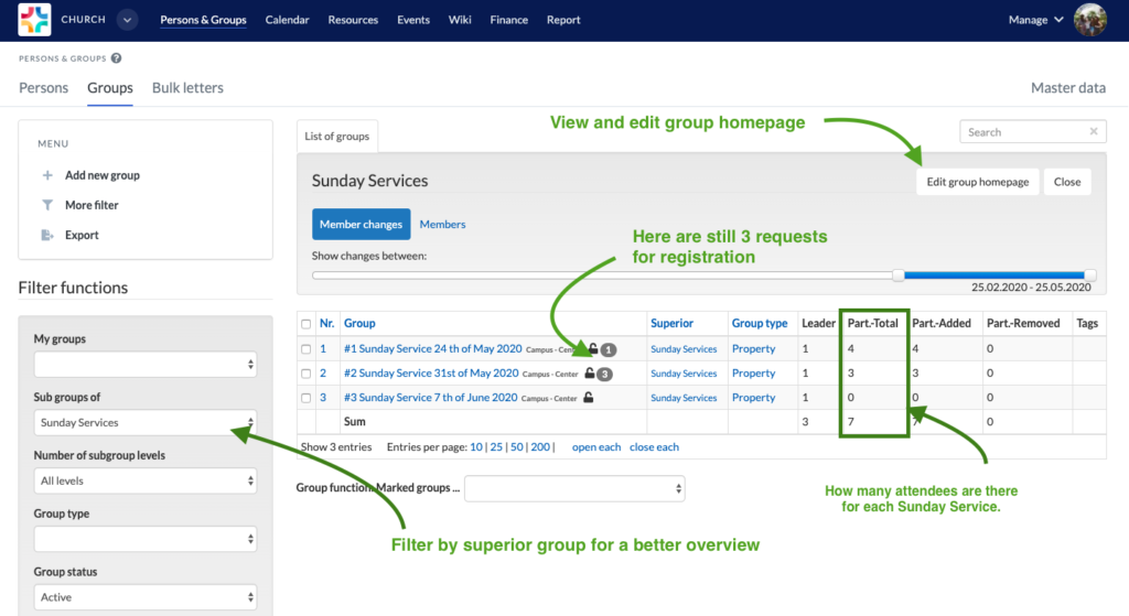 Active filter on superior groups