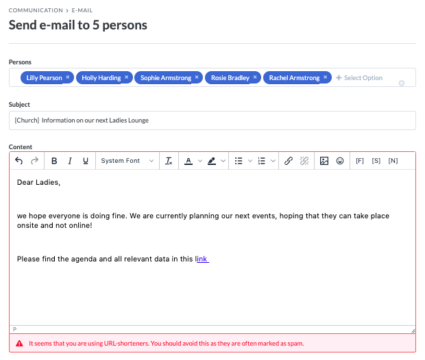 Screenshot of the emailer warning you about URL Shortener.