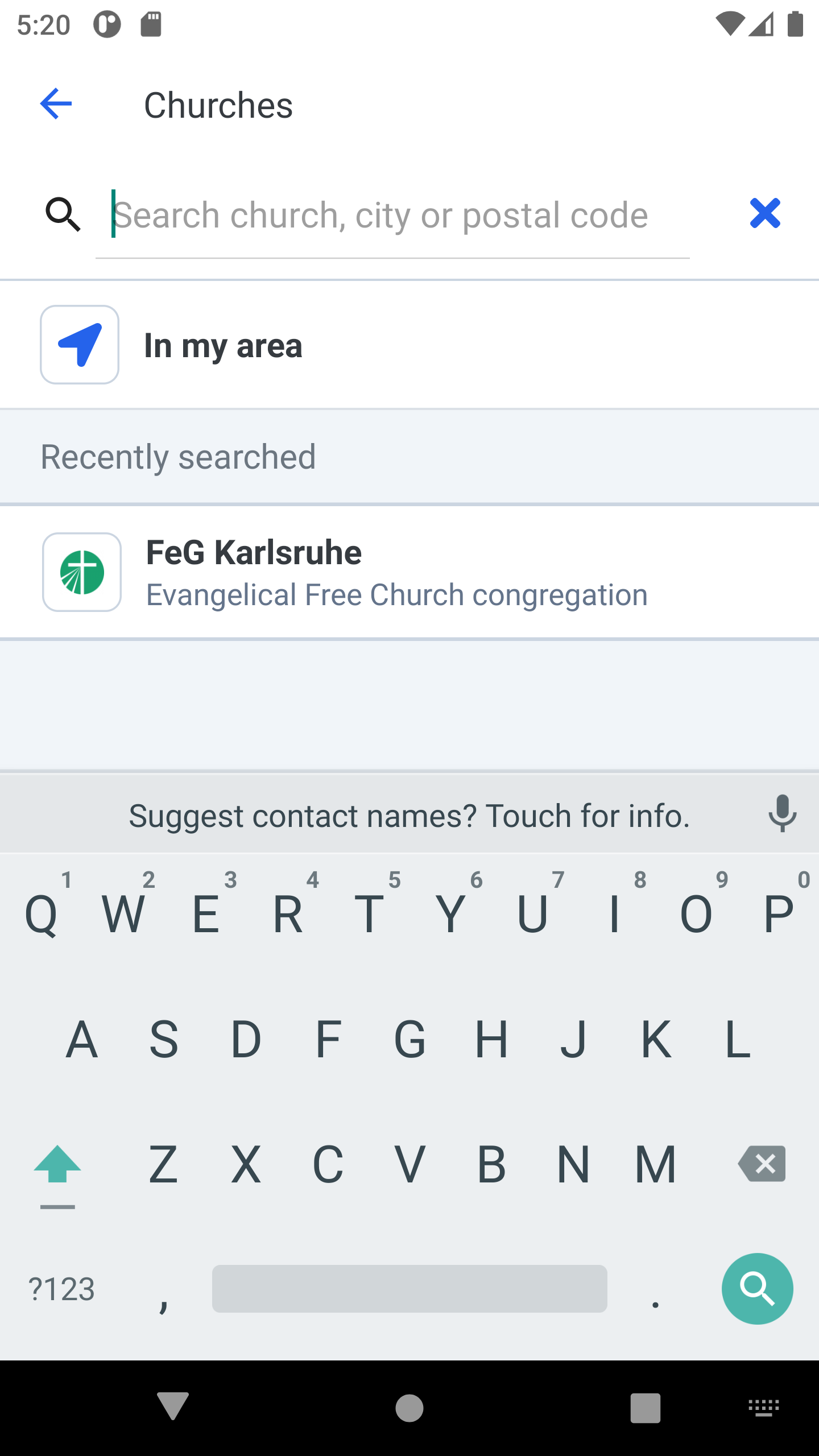 Screenshot: Search for a church using ChurchTools Finder in App