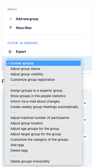 Screenshot: More actions in the group module