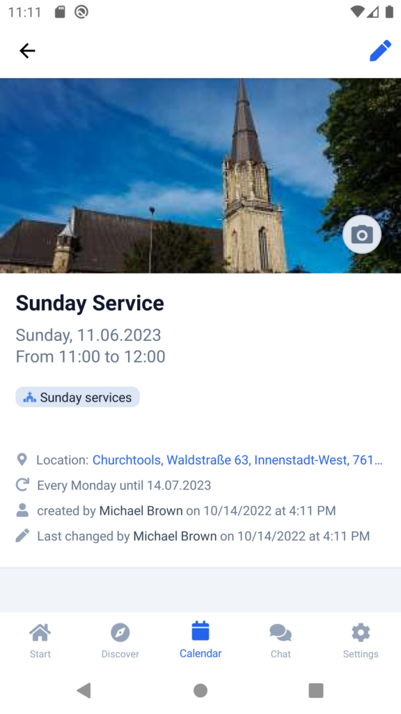 Screenshot: Appointment worship service with a regular repetition. The repetition is displayed as a text hint.