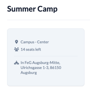 Screenshot of the info box on the public group page with the meeting place and the full address