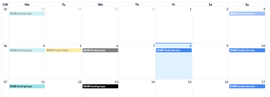 Screenshot of calendar with monthly view and new colors.