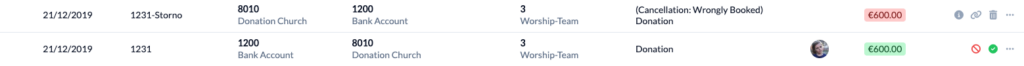 Screenshot: 2 bookings in the Finance module. One of them is a reversal booking.