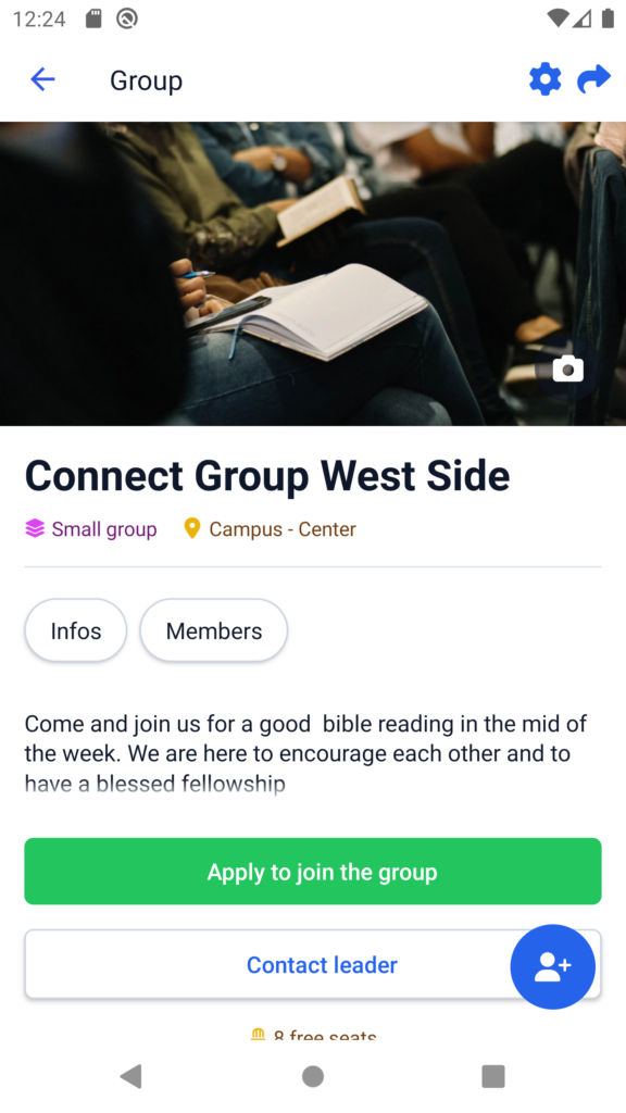 Screenshot of a group with the "Contact leader" button