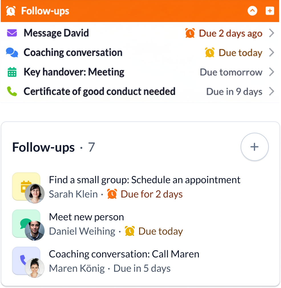 Follow-up widget on a person's profile and on a group