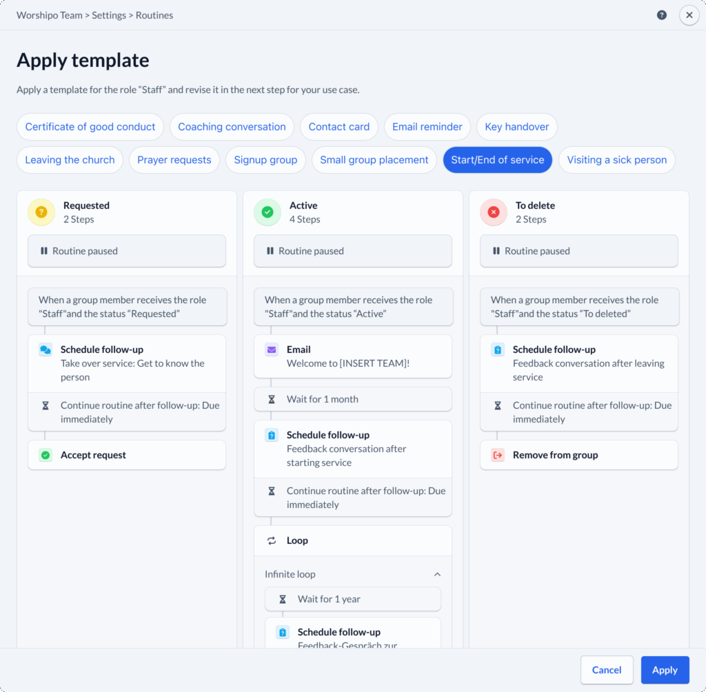 Applying a routine template