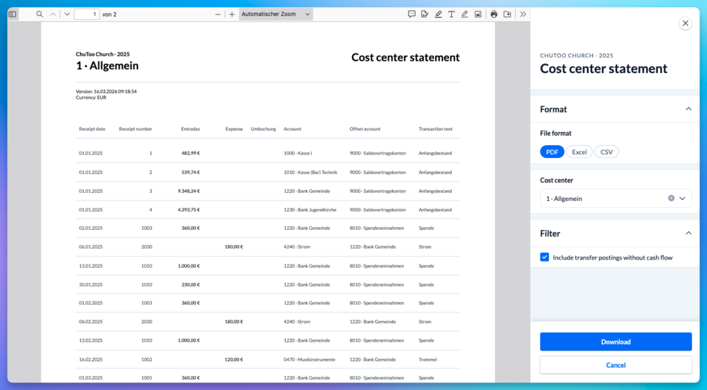 Screenshot: Account statement with a generated PDF and a sidebar containing additional options.