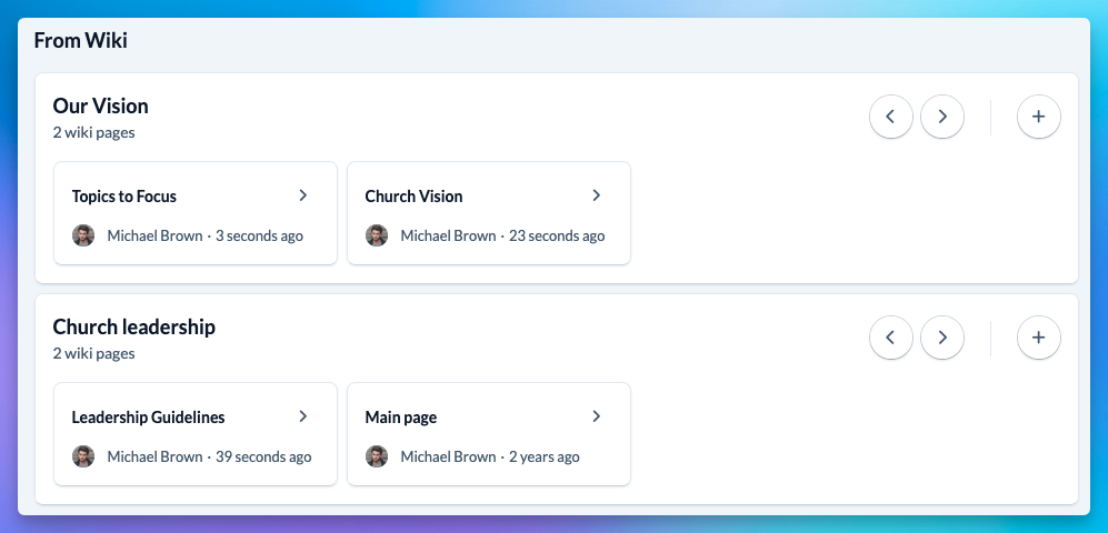 Screenshot: Group dashboard with 2 wiki category widgets listing the most recent pages in the wiki