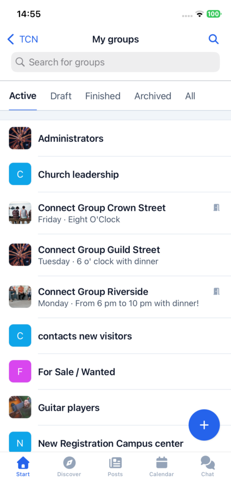 Screenshot of the group list with tabs showing group status.