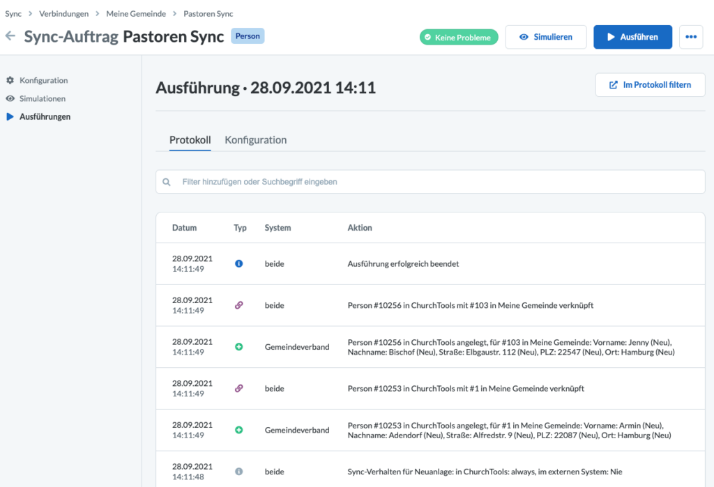 Screenshot einer Ausführung im Sync Modul. Das Log zeigt die Aktionen an, die durch den Sync passiert sind.