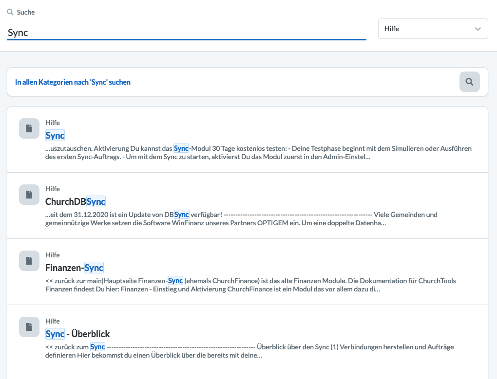 Screenshot: Suchergebnisse in den Hilfeseiten zum Stichwort "Sync" werden sortiert nach Relevanz.