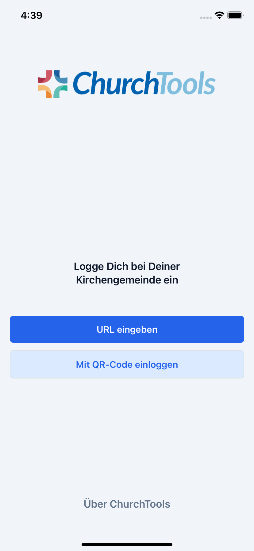 Screenshot der App mit der Aufforderung sich einzuloggen über URL oder mit dem QR-Code