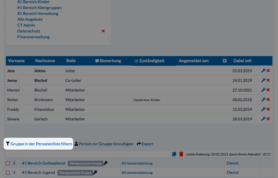 Screenshot der Gruppenteilnehmer-Liste. Darunter befindet sich ein Link "Gruppe in der Personenliste filtern", dieser führt zur Personenliste und filtert diese.