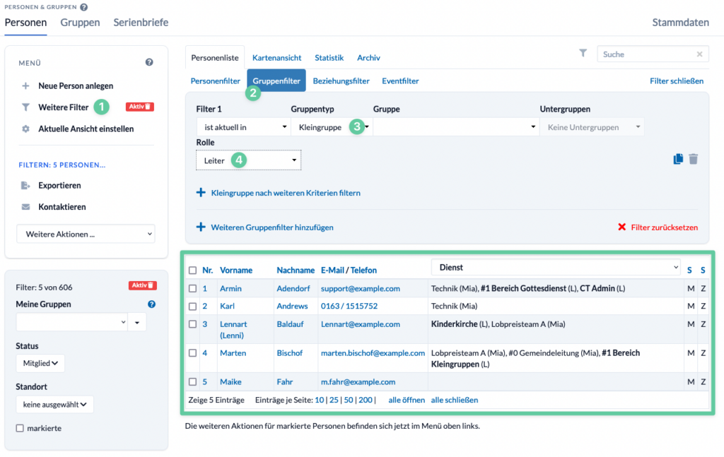 Screenshot der Personenliste mit aktiven Filter für Kleingruppen-Leiter. Die Personenliste zeigt nun nur Personen an, die auch Kleingruppen-Leiter sind.