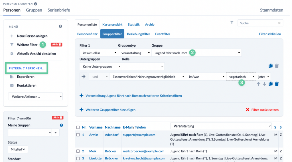 Screenshot der Personenliste mit aktiven Filter nach Personen, die in der Gruppe "Jugend führt nach Rom"  sind und als Essensvorliebe "vegetarisch" ausgewählt haben.