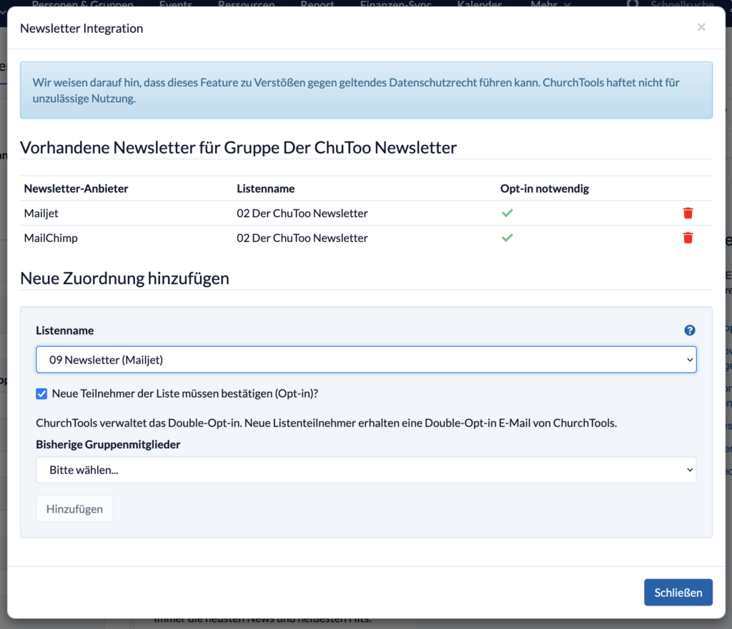 Screenshot des Modals, um Newsletter mit einer ChurchTools Gruppe zu verknüpfen.