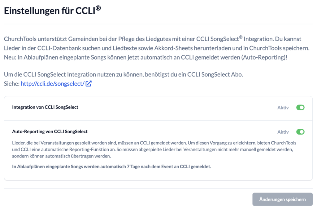 Screenshot der CCLI Integrationsseite in den Admin-Einstellungen. 2 Optionen sind sichtbar: Die aktive CCLI Integration und das eingeschaltete Auto-Reporting