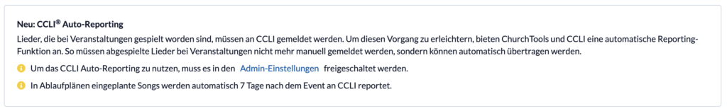 Screenshot der Information im Events-Modul über das neue Auto-Reporting.