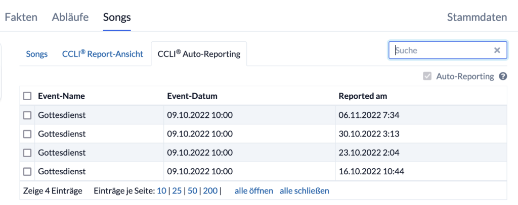 Screenshot: Liste der an CCLI gemeldeten Events. Diese Liste ist im Events-Modul.
