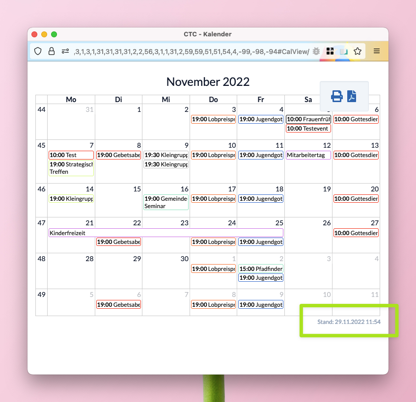 Screenshot: Druckansicht des Kalenders mit aktuellem Datum und Uhrzeit