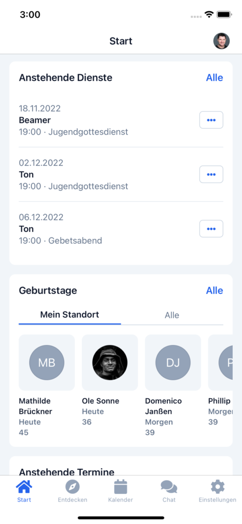 Screenshot: Anstehende Dienste auf dem Startbildschirm
