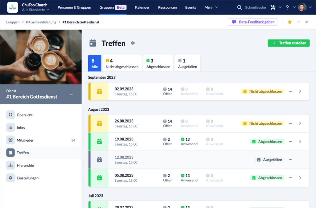 Die aufgelisteten Treffen der Gruppe "Bereich Gottesdienst" mit Statusanzeige und Button "Treffen erstellen" 