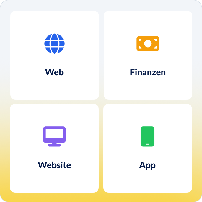 4 quadratische Kacheln: Web, Finanzen, Website, App