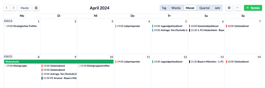 Screenshot vom Kalender mit kleinen farbigen Balken, statt Punkten pro Termin.