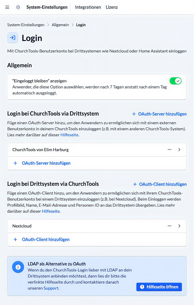 Die neue Seite "Login" in den System-Einstellungen