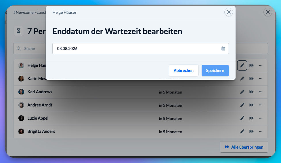 Screenshot: Wartezeit für eine Person bearbeiten