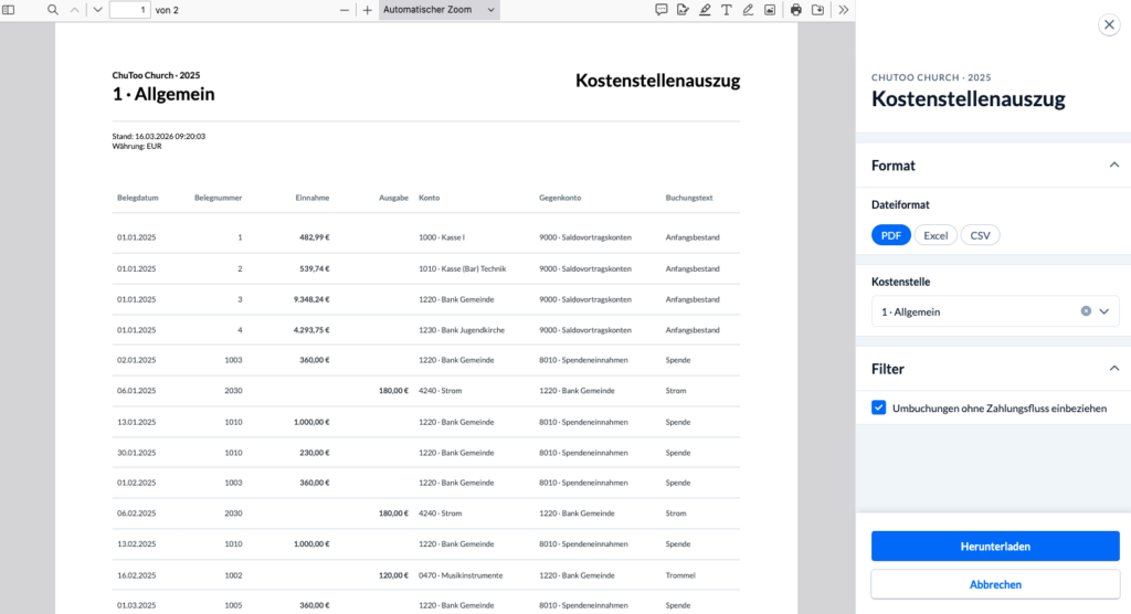 Screenshot: Kontostellenauszug mit generieten PDF und Seitenleiste mit weiteren Optionen.