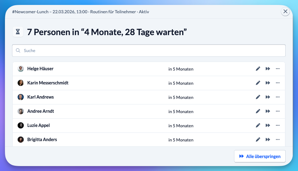 Screenshot: Liste der Personen, die in einer Routine Warten
