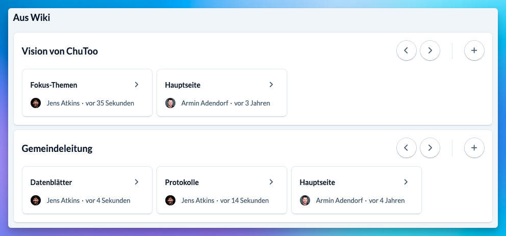 Screenshot: Gruppen-Dashboard mit 2 Wiki-Kategorie-Widgets, die die letzten Seiten im Wiki auflisten