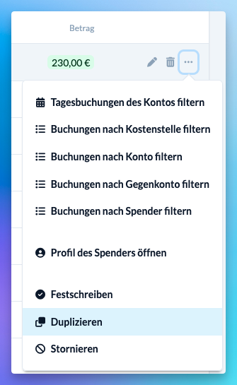 Screenshot des Kontext-Menüs einer Finanz-Buchung. Dort gibt es nun die Möglichkeit eine Buchung direkt zu duplizieren.