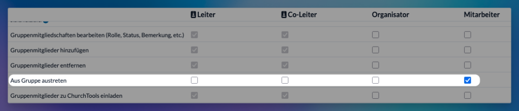 Screenshot der Rechteverwaltung und des neuen gruppeninternen Rechts "Aus Gruppe austreten"