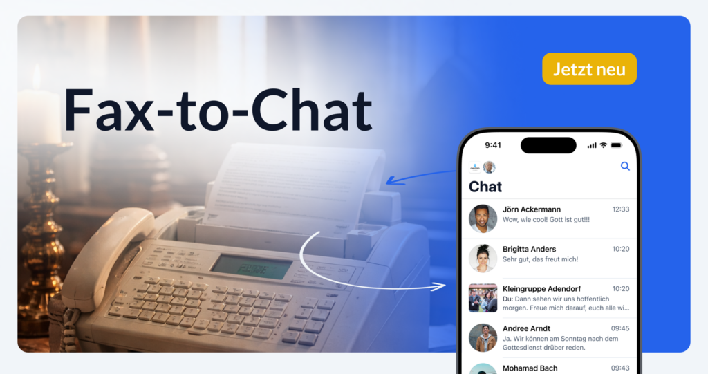 Banner: Fax-to-Chat mit einem Fax-Gerät und einem Handy als Bild.
