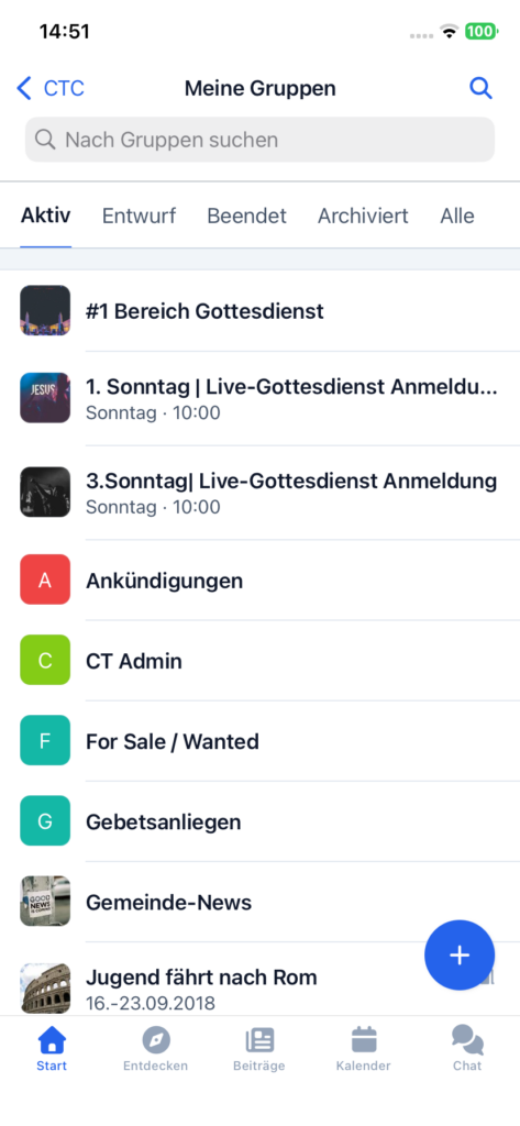 Screenshot der Gruppen-Liste mit Tabs für den Gruppenstatus.